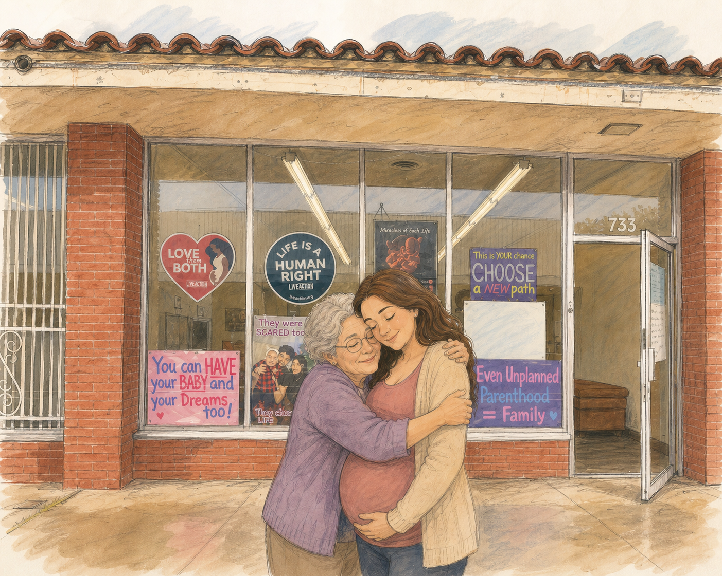 Pregnant mom being hugged by her grandmother outside the LIFEHOUSE outreach center.